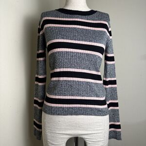 H&M Divided Sweater Gray Black Pink Stripe Pullover Lightweight Sz Small EUC